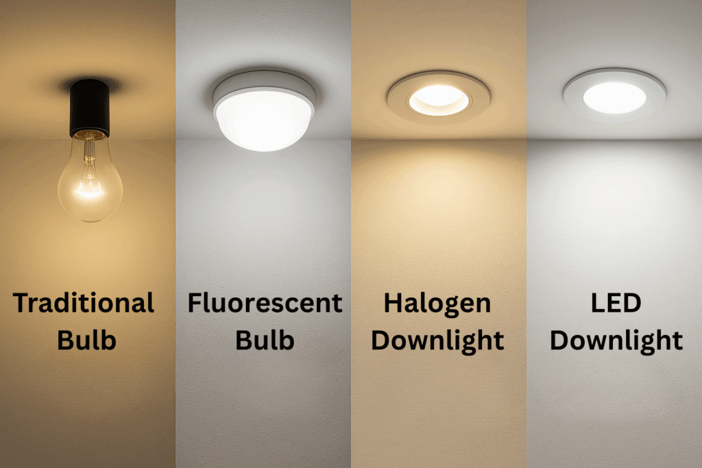 comparison between traditional, fluorescent, halogen and LED lighting